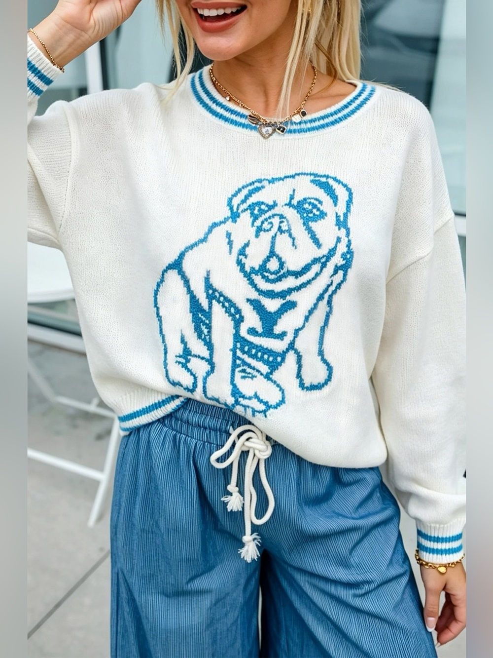 Bulldog Graphic Striped Trim Sweater